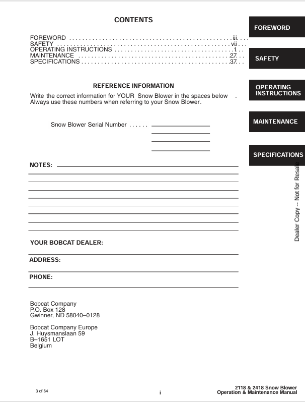 BOBCAT 2118, 2418 SNOW BLOWER (6901170) OPERATION AND MAINTENANCE MANUAL PDF FILE