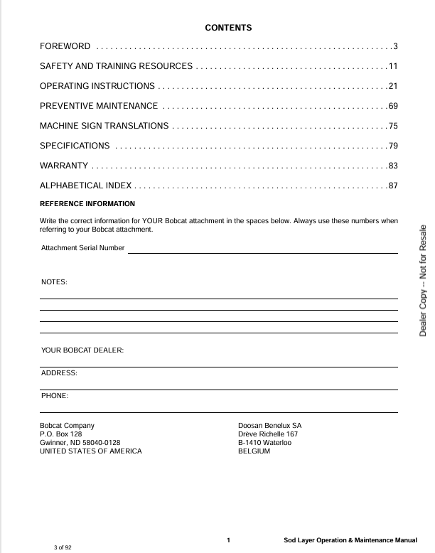 BOBCAT SOD LAYER (6901747ENUS) OPERATION & MAINTENANCE MANUAL PDF DOWNLOAD