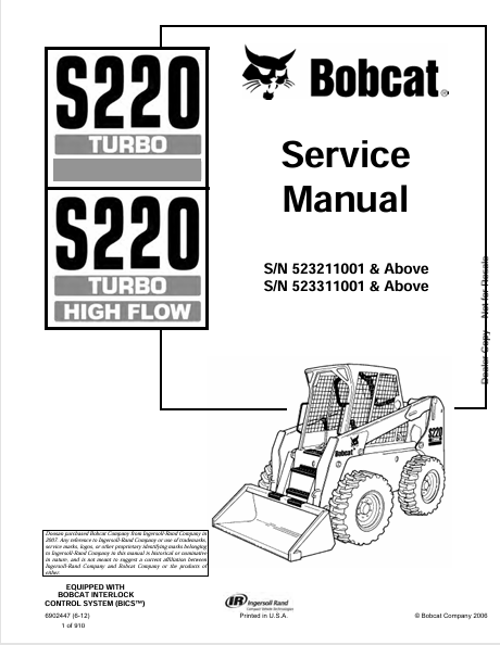 BOBCAT SS220 TURBO, S220 TURBO HIGH FLOW SERVICE MANUAL (6902447) - PDF FILE