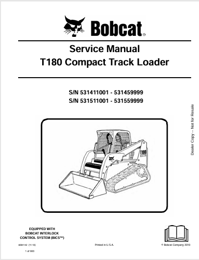 BOBCAT T180 COMPACT TRACK LOADER SERVICE MANUAL (6904142) - PDF FILE