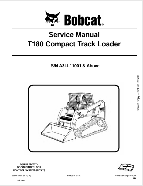 BOBCAT T180 COMPACT TRACK LOADER SERVICE MANUAL (6987051) - PDF FILE