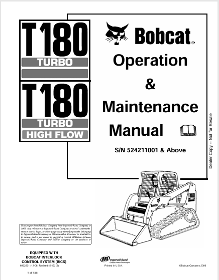 BOBCAT T180 TURBO, T180 TURBO HIGH FLOW OPERATION & MAINTENANCE MANUAL (6902501) - PDF FILE