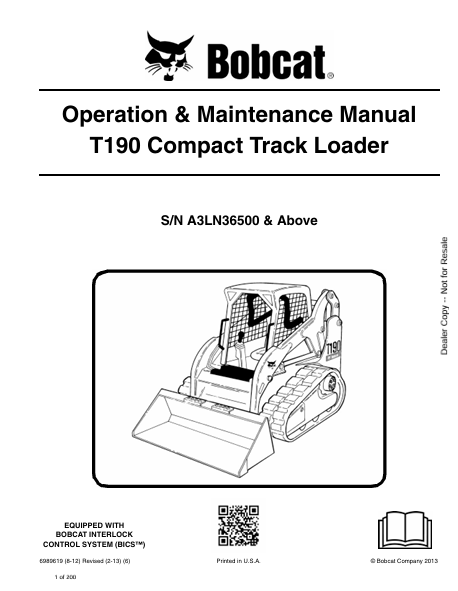 BOBCAT T190 COMPACT TRACK LOADER OPERATION & MAINTENANCE MANUAL (6989619) - PDF FILE
