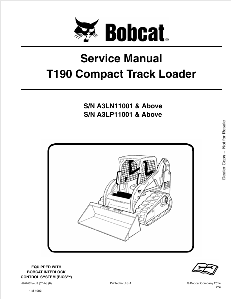 BOBCAT T190 COMPACT TRACK LOADER SERVICE MANUAL (6987052) - PDF FILE