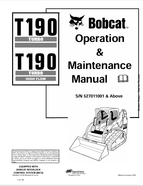 BOBCAT T190 TURBO, T190 TURBO HIGH FLOW OPERATION & MAINTENANCE MANUAL (6902692) - PDF FILE