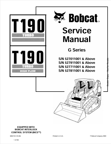 BOBCAT T190 Turbo & T190 Turbo High Flow G Series Service Repair PDF 6902734
