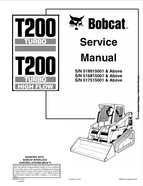 BOBCAT T200 TURBO, T200 TURBO HIGH FLOW SERVICE MANUAL (6901397) - PDF FILE
