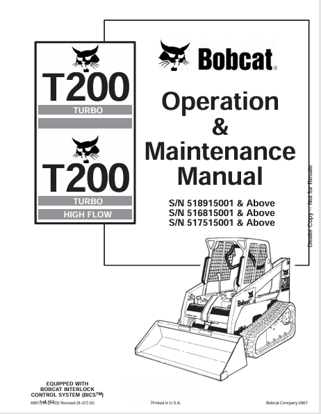 BOBCAT T200 TURBO, T200 TURBO HIHG FLOW OPERATION & MAINTENANCE MANUAL (6901356) - PDF FILE