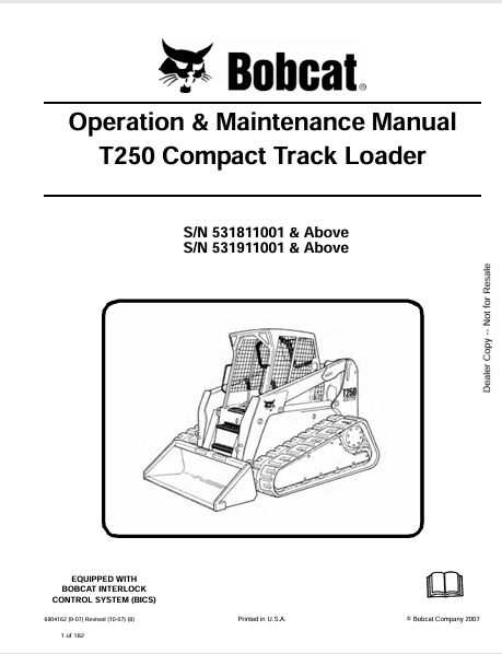 BOBCAT T250 COMPACT TRACK LOADER OPERATION & MAINTENANCE MANUAL (6904162) - PDF FILE