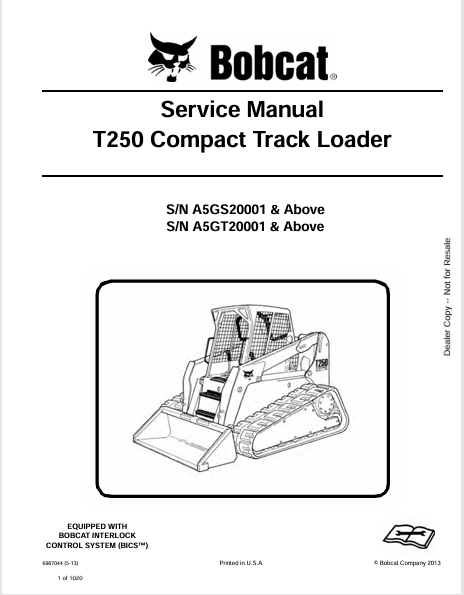 BOBCAT T250 COMPACT TRACK LOADER SERVICE MANUAL (6987044) - PDF FILE