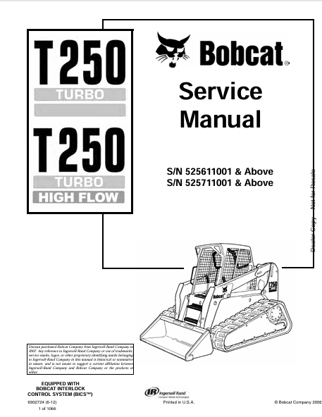 BOBCAT T250 TURBO, T250 TURBO HIGH FLOW SERVICE MANUAL (6902724) - PDF FILE