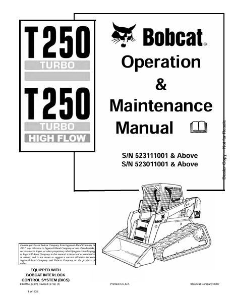 BOBCAT T250 TURBO, T250 TURBO HIHG FLOW OPERATION & MAINTENANCE MANUAL (6902450) - PDF FILE