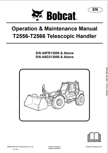BOBCAT T2556, T2566 TELESCOPIC HANDLER OPERATION & MAINTENANCE MANUAL (6989552) - PDF FILE