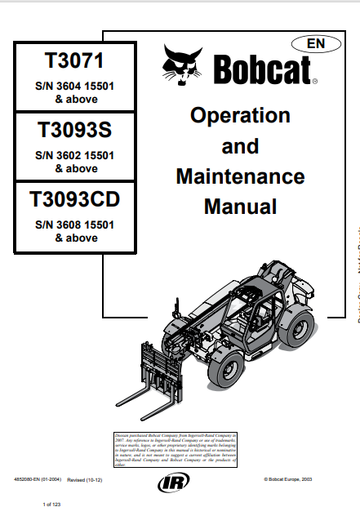 BOBCAT T3071, T3093S, T3093CD OPERATION AND MAINTENANCE MANUAL (4852080) - PDF FILE