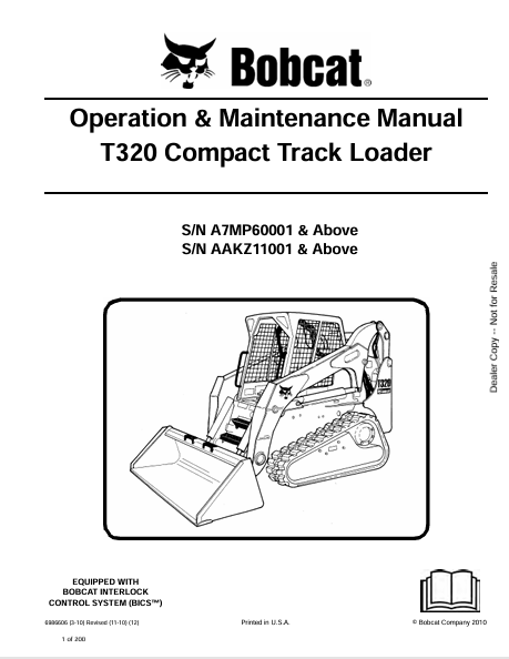 BOBCAT T320 COMPACT TRACK LOADER OPERATION & MAINTENANCE MANUAL (6986606) - PDF FILE