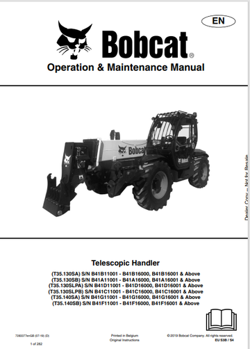 BOBCAT T35.130SA, T35.130SB, T35.130SLPA, T35.130SLPB, T35.140SA, T35.140SB TELESCOPIC HANDLER OPERATION & MAINTENANCE MANUAL (7283377) - PDF FILE