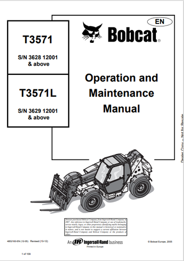 BOBCAT T3571, T3571L OPERATION AND MAINTENANCE MANUAL (4852160) - PDF FILE