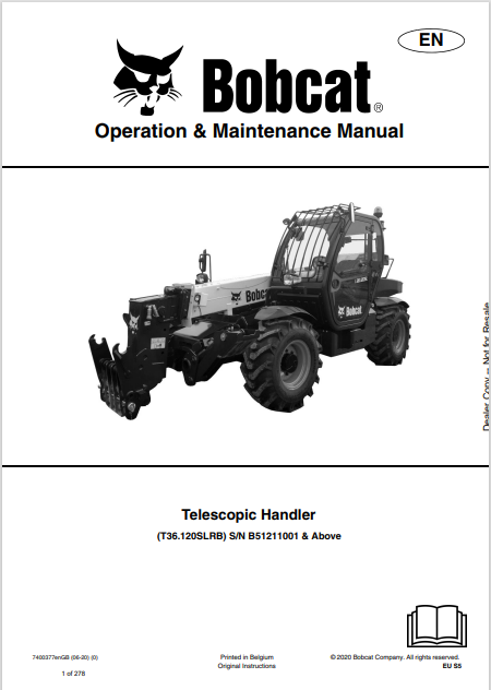 BOBCAT T36.120SLRB TELESCOPIC HANDLER OPERATION & MAINTENANCE MANUAL (7400377) - PDF FILE
