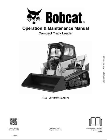 BOBCAT T550 COMPACT TRACK LOADER OPERATION & MAINTENANCE MANUAL (7418331) - PDF FILE