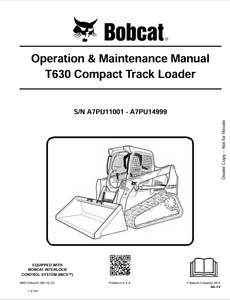 BOBCAT T630 COMPACT TRACK LOADER OPERATION & MAINTENANCE MANUAL (6987163) - PDF FILE