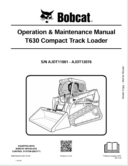 BOBCAT T630 COMPACT TRACK LOADER OPERATION & MAINTENANCE MANUAL (6990750) - PDF FILE