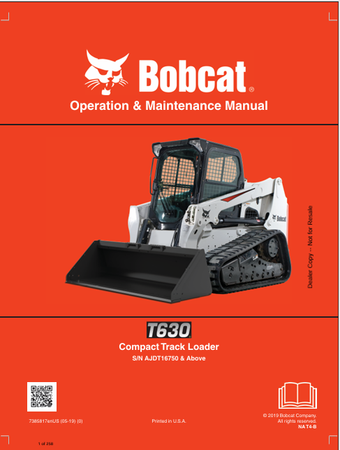 BOBCAT T630 COMPACT TRACK LOADER OPERATION & MAINTENANCE MANUAL (7385817) - PDF FILE