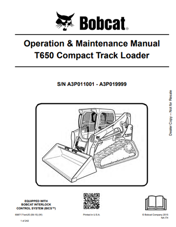 BOBCAT T650 COMPACT TRACK LOADER OPERATION & MAINTENANCE MANUAL (6987171) - PDF FILE