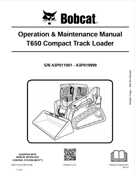 BOBCAT T650 COMPACT TRACK LOADER OPERATION & MAINTENANCE MANUAL (6987171) - PDF FILE
