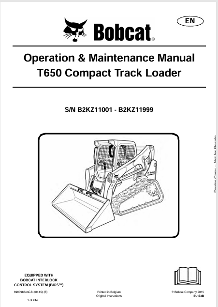 BOBCAT T650 COMPACT TRACK LOADER OPERATION & MAINTENANCE MANUAL (6990986) - PDF FILE