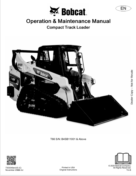 BOBCAT T66 COMPACT TRACT LOADER OPERATION & MAINTENANCE MANUAL (7353049) - PDF FILE