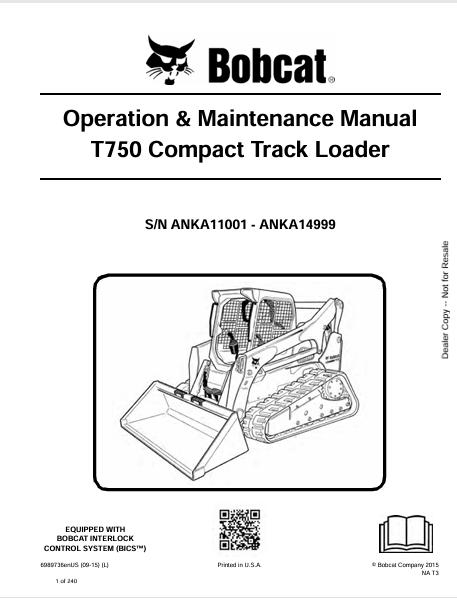 BOBCAT T750 COMPACT TRACK LOADER OPERATION & MAINTENANCE MANUAL (6989736) - PDF FILE