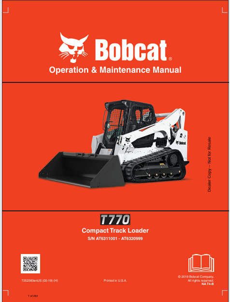 BOBCAT T770 COMPACT TRACK LOADER OPERATION & MAINTENANCE MANUAL (7252383) - PDF FILE
