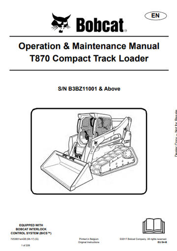 BOBCAT T870 COMPACT TRACK LOADER OPERATION & MAINTENANCE MANUAL (7253831) - PDF FILE