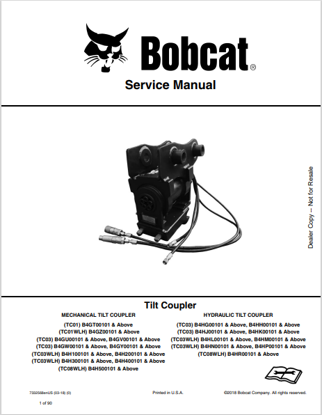 BOBCAT TC01, TC01WLH, TC03, TC03, TC03WLH, TC03WLH, TC08WLH, TC03, TC03, TC03WLH, TC03WLH, TC08WLH TILT COUPLER SERVICE MAMUAL (7332568) - PDF FILE