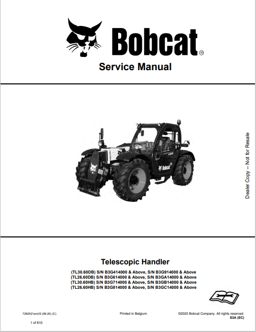 BOBCAT TL30.60DB, TL26.60DB, TL30.60HB, TL26.60HB TELESCOPIC HANDLER SERVICE MAMUAL (7282521) - PDF FILE