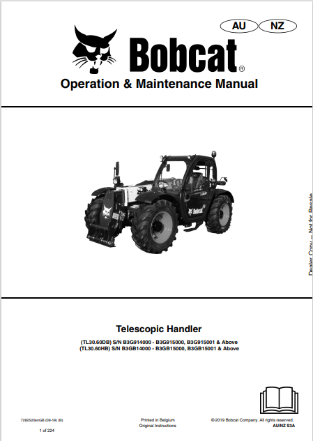 BOBCAT TL30.60DB, TL30.60HB TELESCOPIC HANDLER OPERATION & MAINTENANCE MANUAL (7282520) - PDF FILE