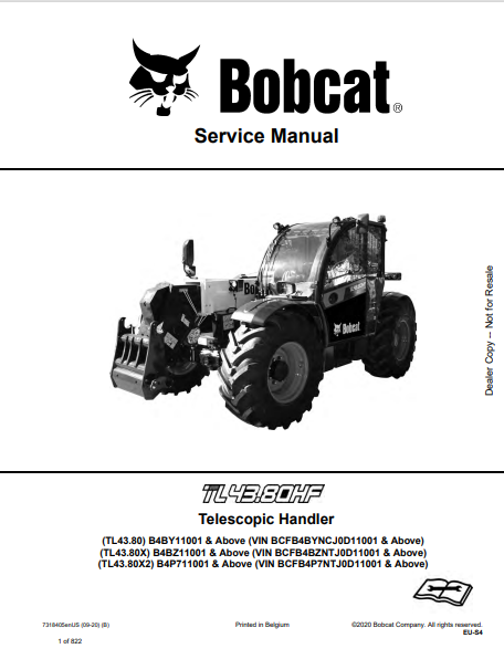 BOBCAT TL43.80HF, TL43.80, TL43.80X, TL43.80X2 TELESCOPIC HANDLER SERVICE MANUAL (7318405) - PDF FILE