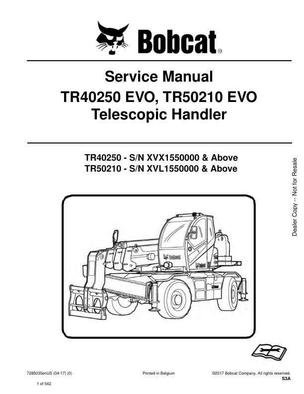 BOBCAT TR40250 EVO, TR50210 EVO TELESCOPIC HANDLER SERVICE MANUAL 7285035 - PDF FILE