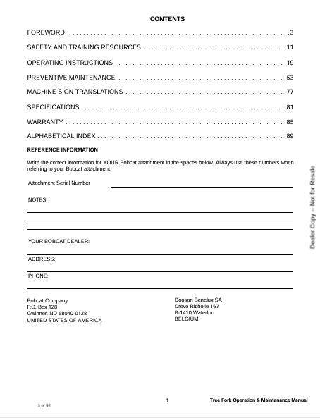 BOBCAT TREE FORK MT (6904886ENUS) OPERATION AND MAINTENANCE MANUAL PDF FILE