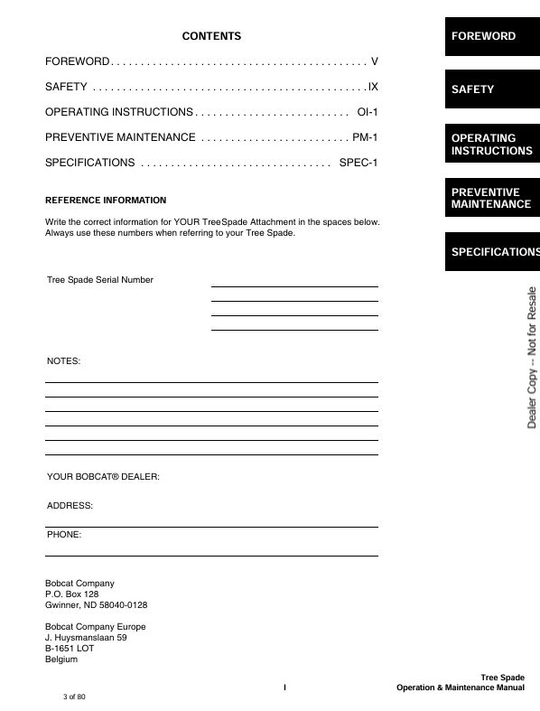 BOBCAT TREE SPADE (6900946) OPERATION AND MAINTENANCE MANUAL PDF FILE