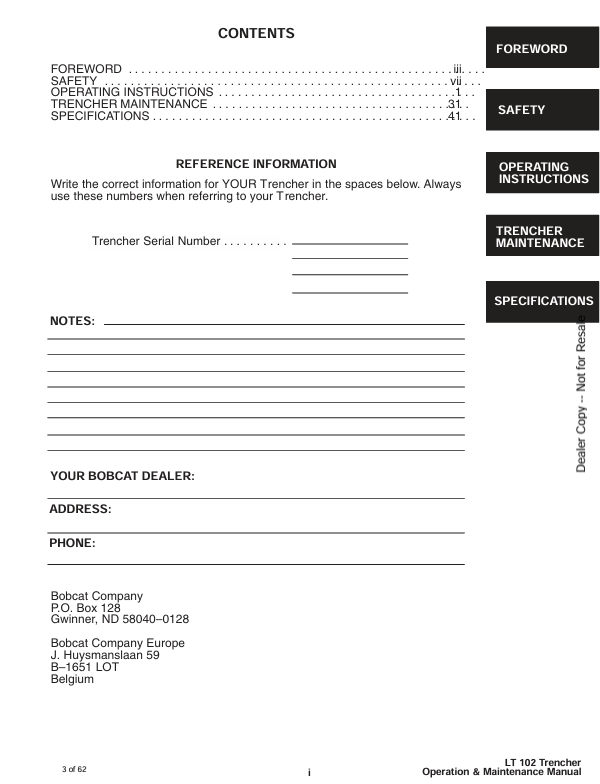 BOBCAT LT102 TRENCHER (6901226) OPERATION AND MAINTENANCE MANUAL PDF FILE