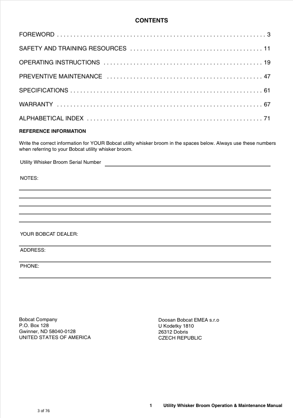 BOBCAT UTILITY WHISKER BROOM (7387287) OPERATOR MANUAL PDF DOWNLOAD