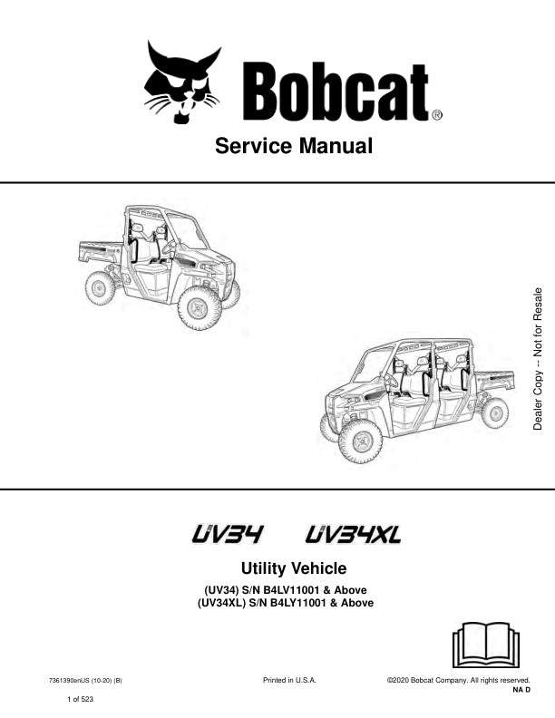 BOBCAT UV34, UV34XL B4LV11001, B4LY11001 & UP UTILITY VEHICLE SERVICE MANUAL 7361390 - PDF FILE