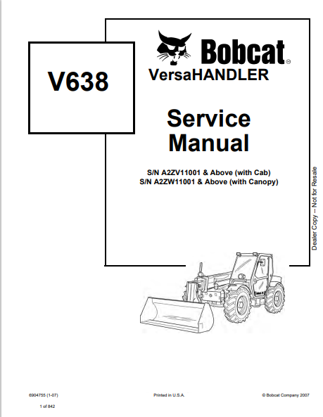 BOBCAT V638 VERSAHANDLER SERVICE MANUAL (6904755) - PDF FILE