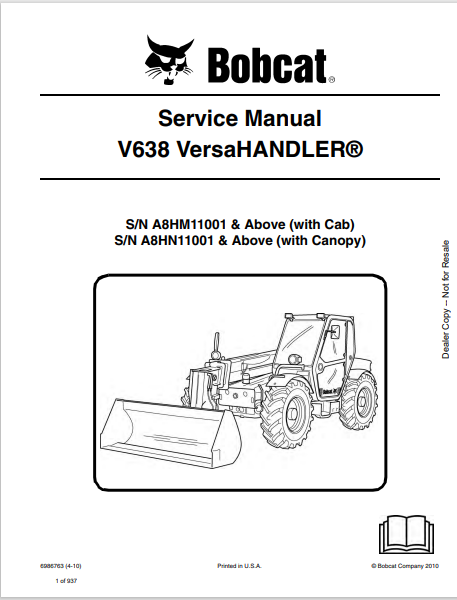 BOBCAT V638 VERSAHANDLER SERVICE MANUAL (6986763) - PDF FILE