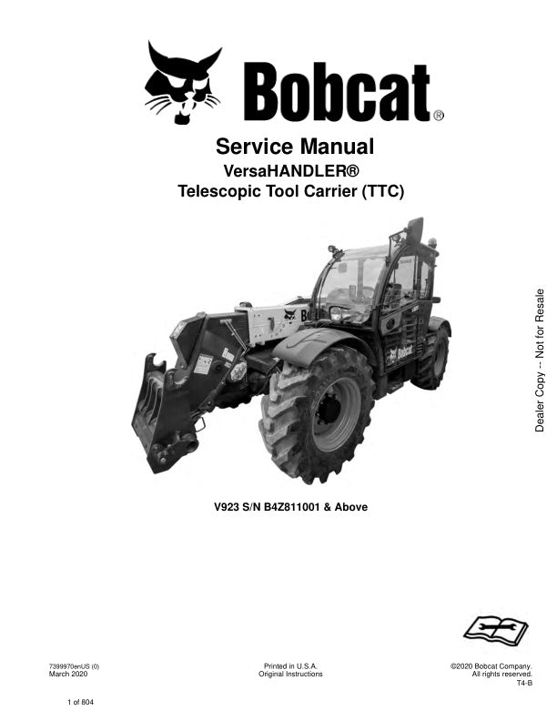 BOBCAT V923 B4Z811001 & UP TELESCOPIC TOOL CARRIER SERVICE MANUAL 7399970 - PDF FILE