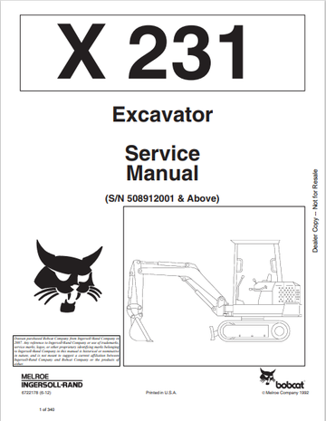 BOBCAT X 231 EXCAVATOR SERVICE MANUAL (6722178) - PDF FILE