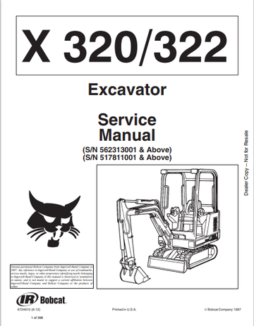 BOBCAT X 320 / 322 EXCAVATOR SERVICE MANUAL (6724910) - PDF FILE