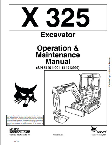 BOBCAT X 325 EXCAVATOR OPERATION & MAINTENANCE MANUAL (6724322) - PDF FILE