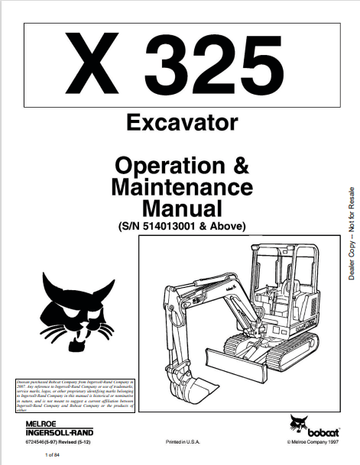 BOBCAT X 325 EXCAVATOR OPERATION & MAINTENANCE MANUAL (6724546) - PDF FILE